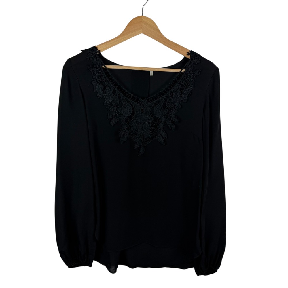 Elie Tahari Black Lace Blouse Small Sheer Lightweight Minimalist Neutral Office‎